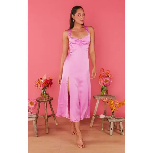 Show Me Your Mumu Mina Midi Dress Purple Pink Luxe Satin XL NWT - Picture 4 of 10